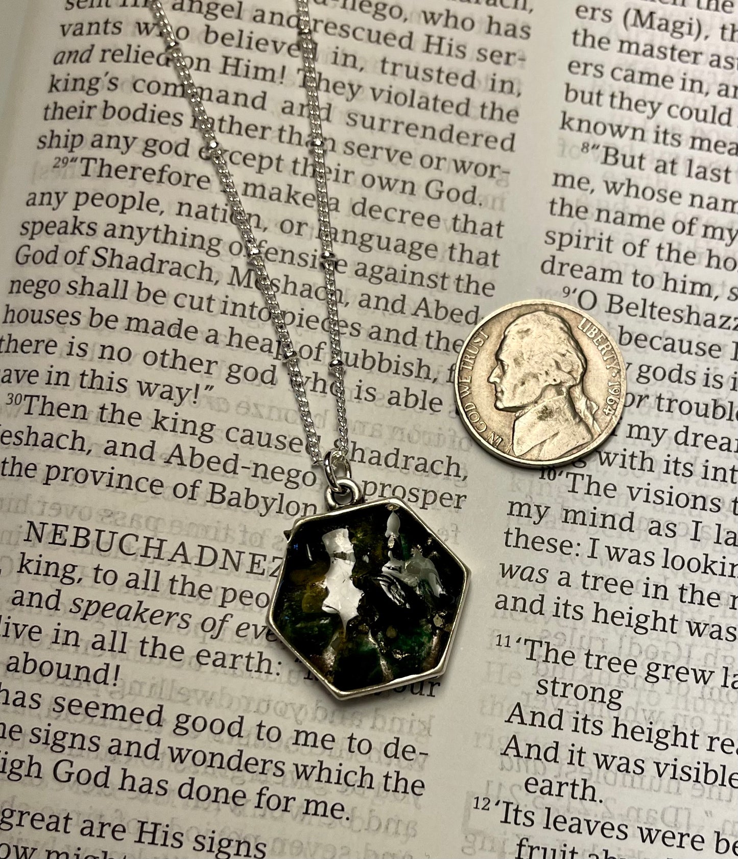 Peridot and emerald hexagon pendant with a mustard seed