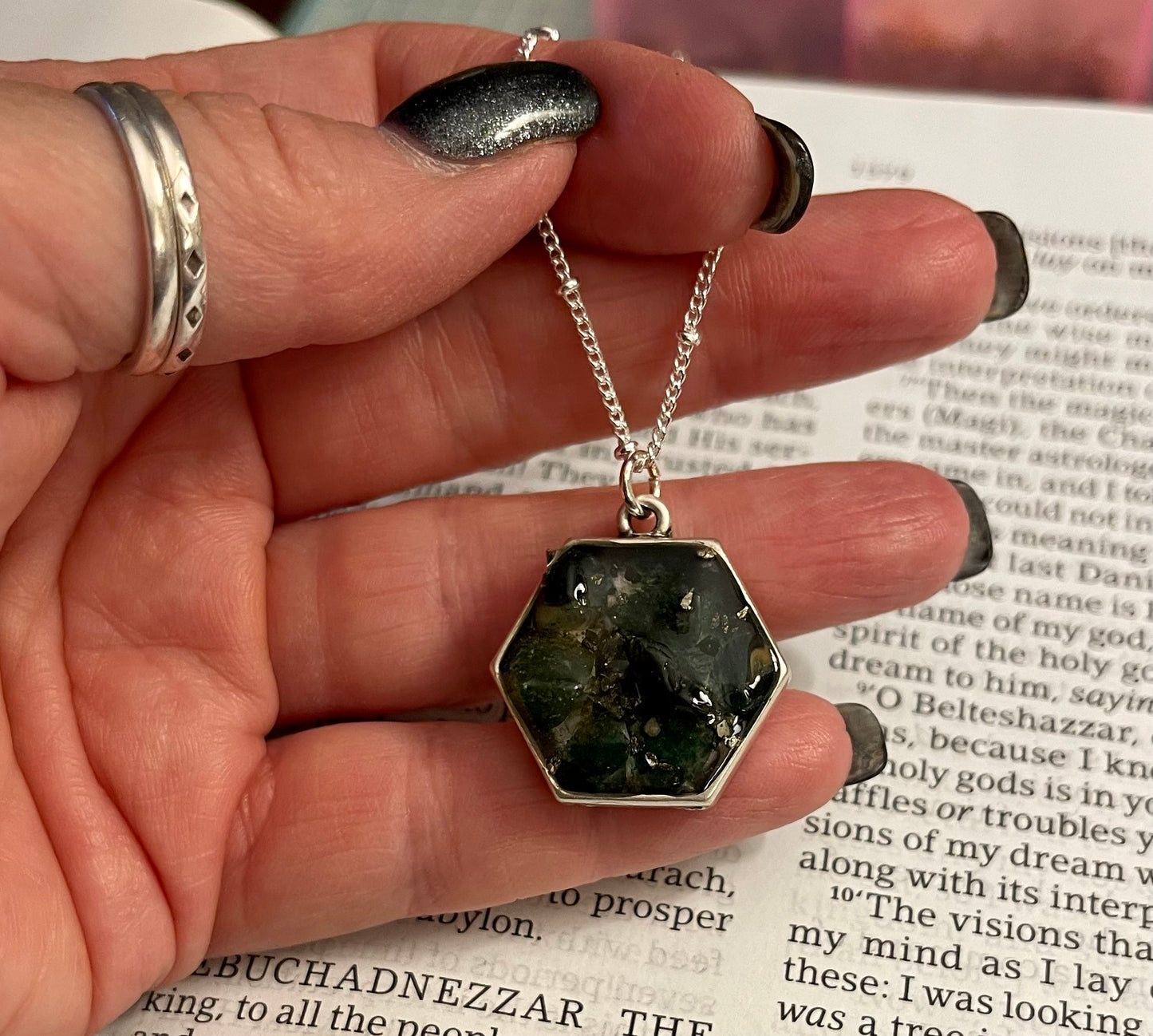 Peridot and emerald hexagon pendant with a mustard seed