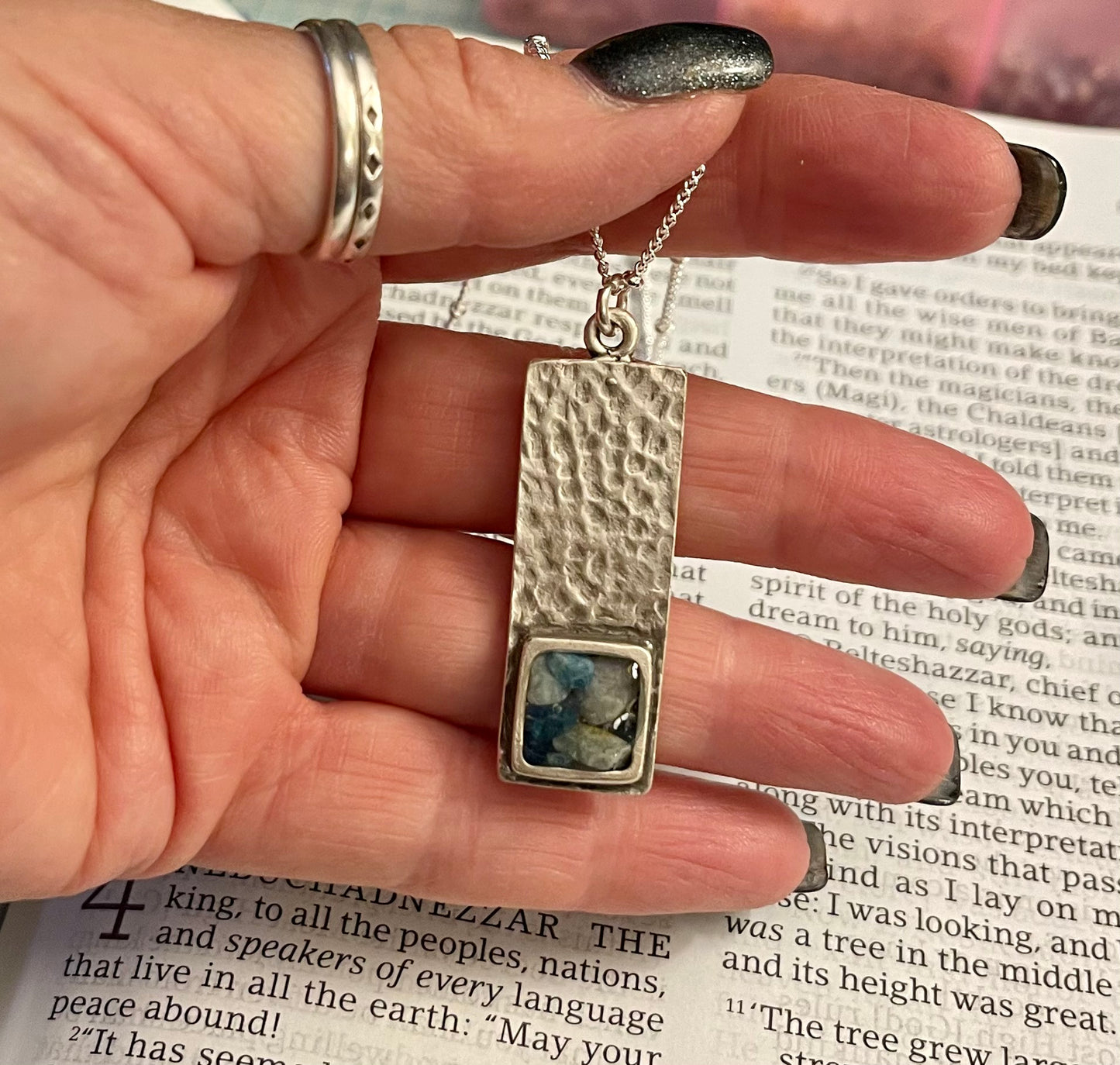 Larimar pendant with a mustard seed