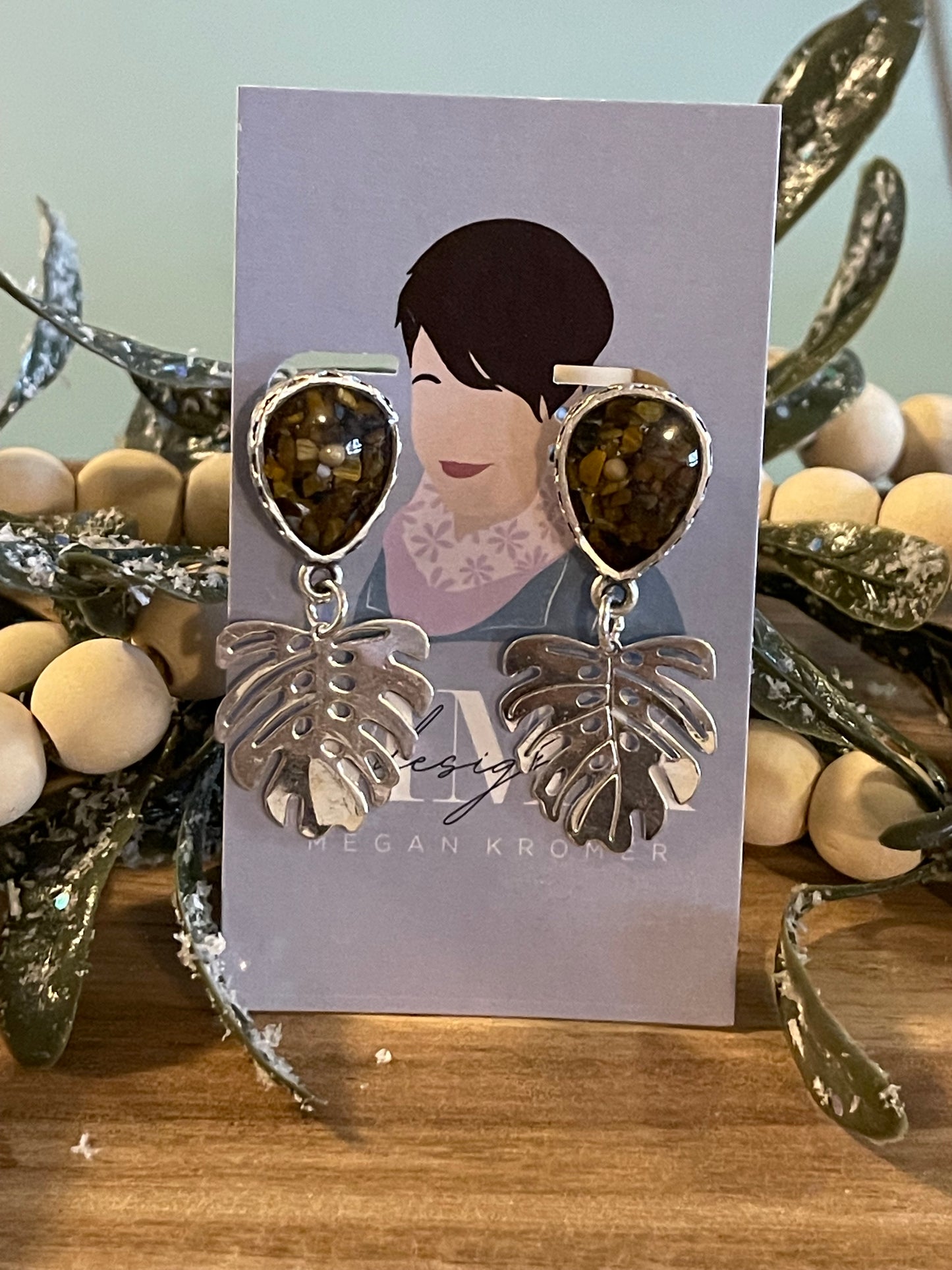 Tiger’s eye chip earrings with a mustard seed