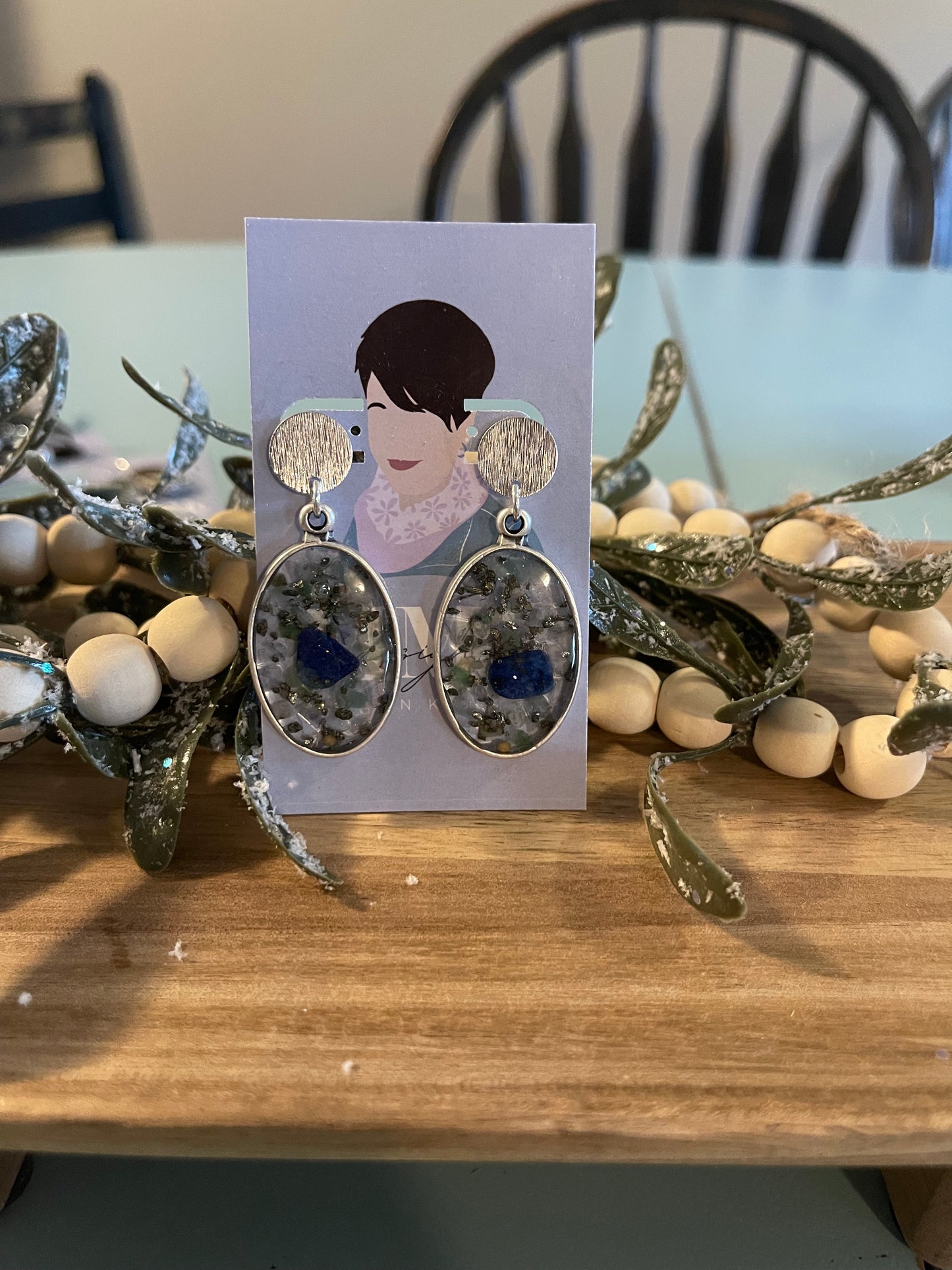 Lapis, pyrite and quartz chip earrings with a mustard seed