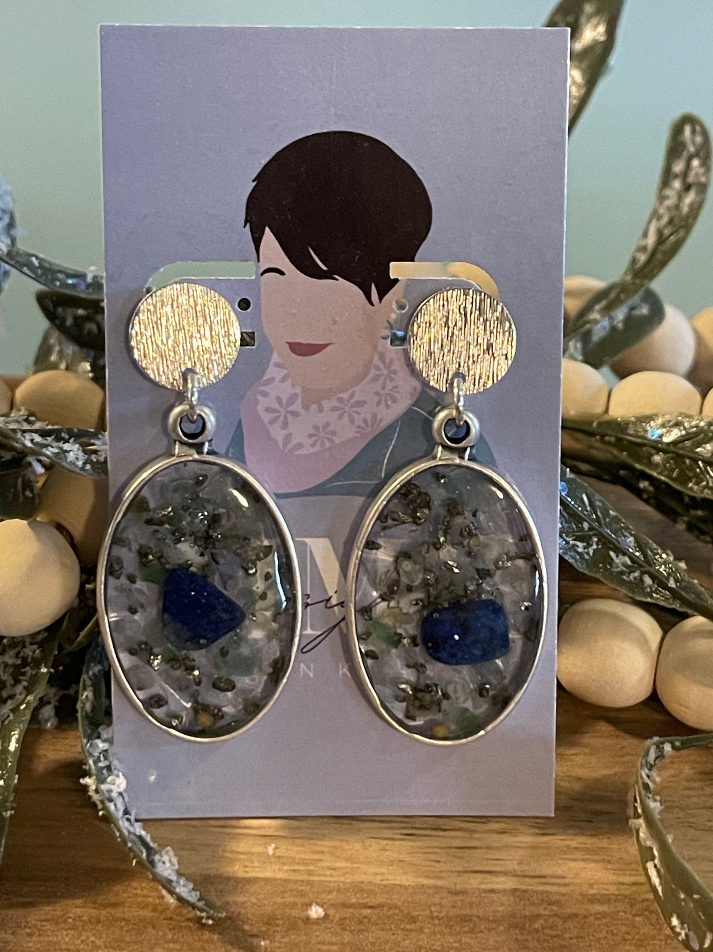 Lapis, pyrite and quartz chip earrings with a mustard seed