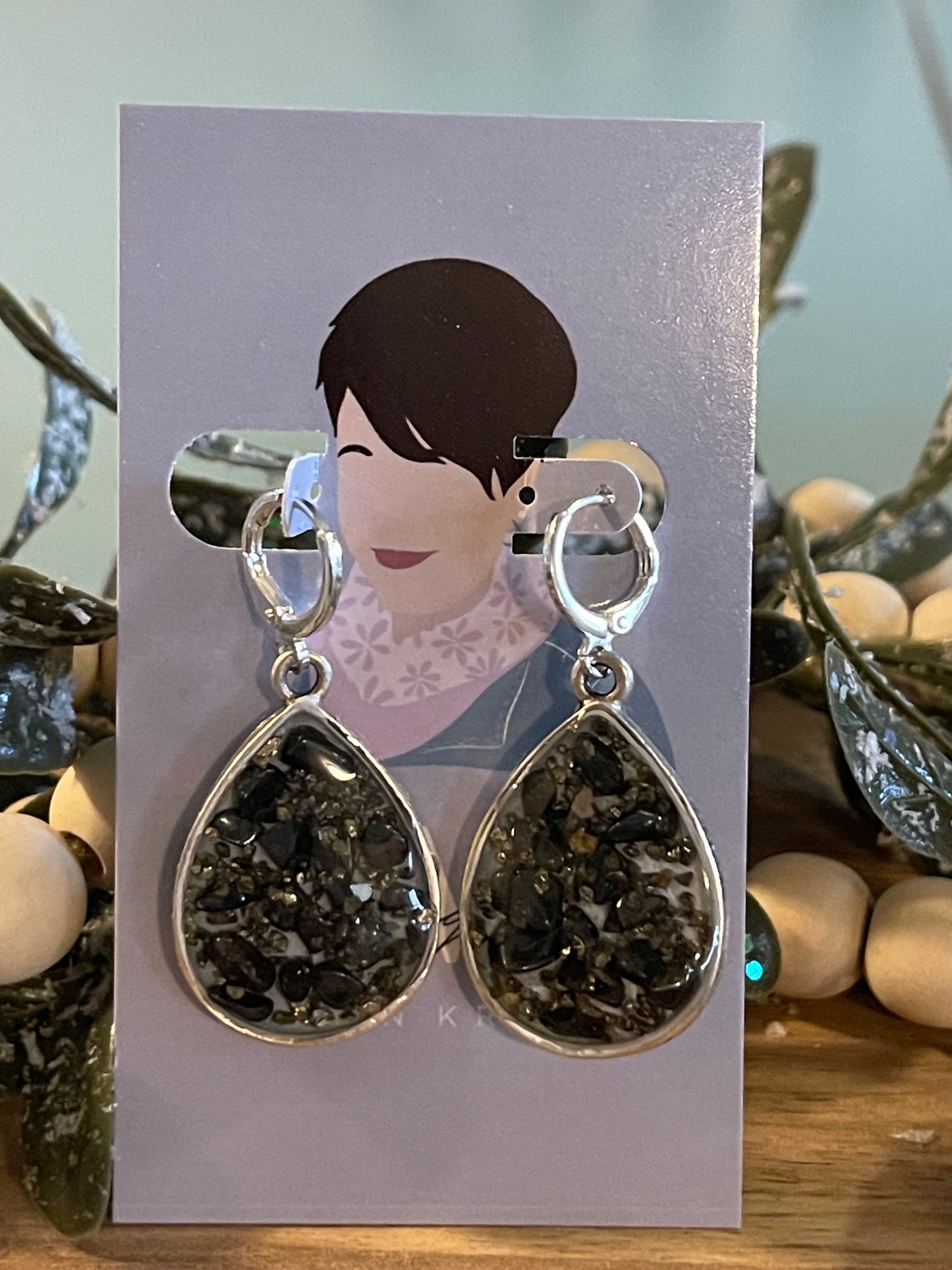 Hematite and pyrite chip earrings with a mustard seed