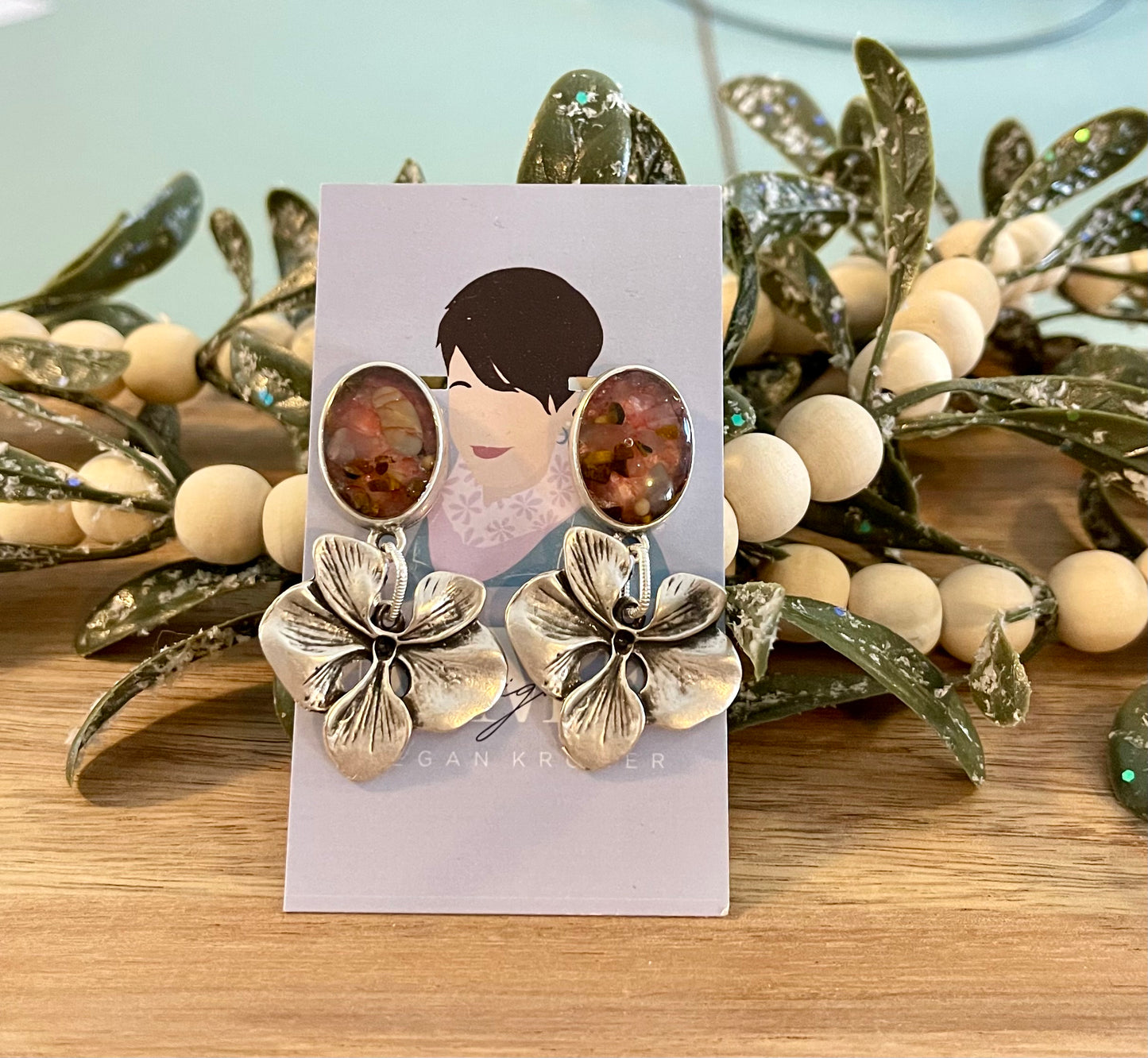 Tiger’s eye and rose quartz chip earrings with a mustard seed