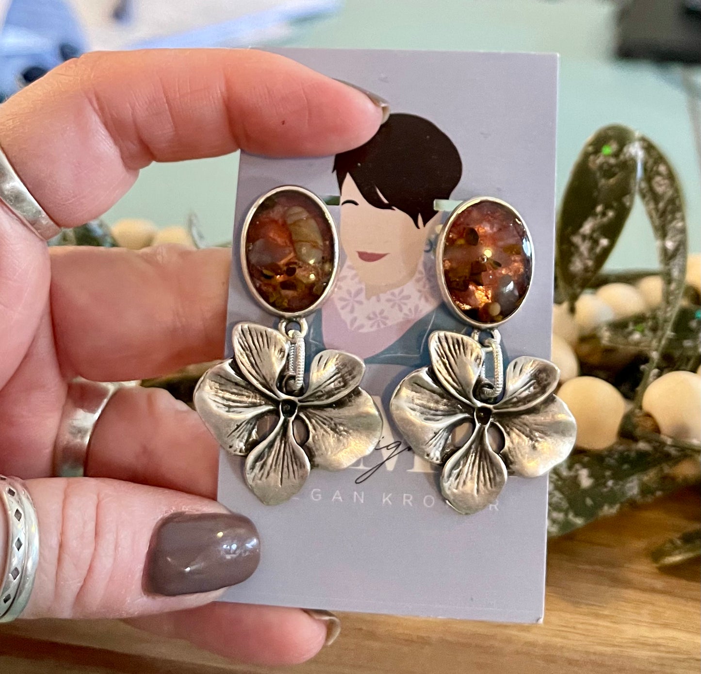 Tiger’s eye and rose quartz chip earrings with a mustard seed