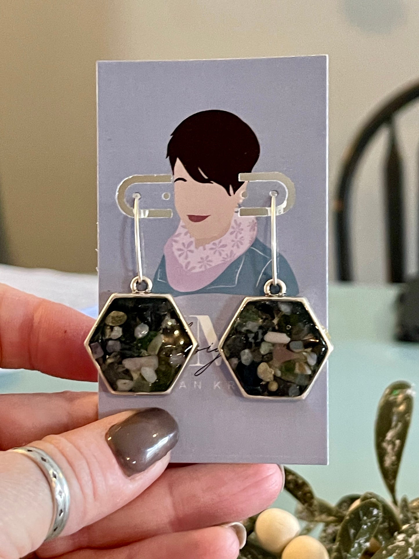 Jade, hematite and pink Opal chip earrings with a mustard seed