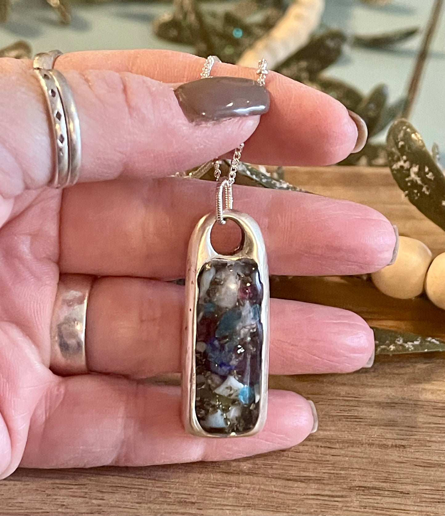 Garnet, larimar and pyrite chip pendant with a mustard seed