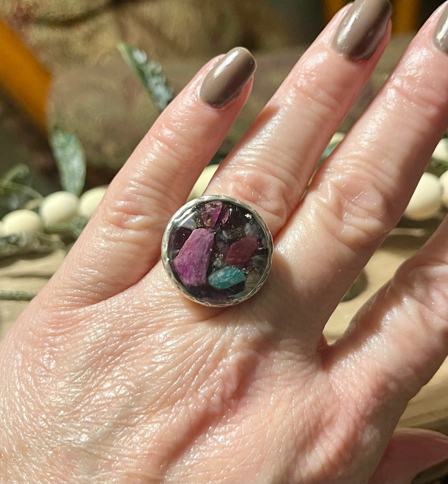 Ruby, garnet and pyrite adjustable ring with a mustard seed