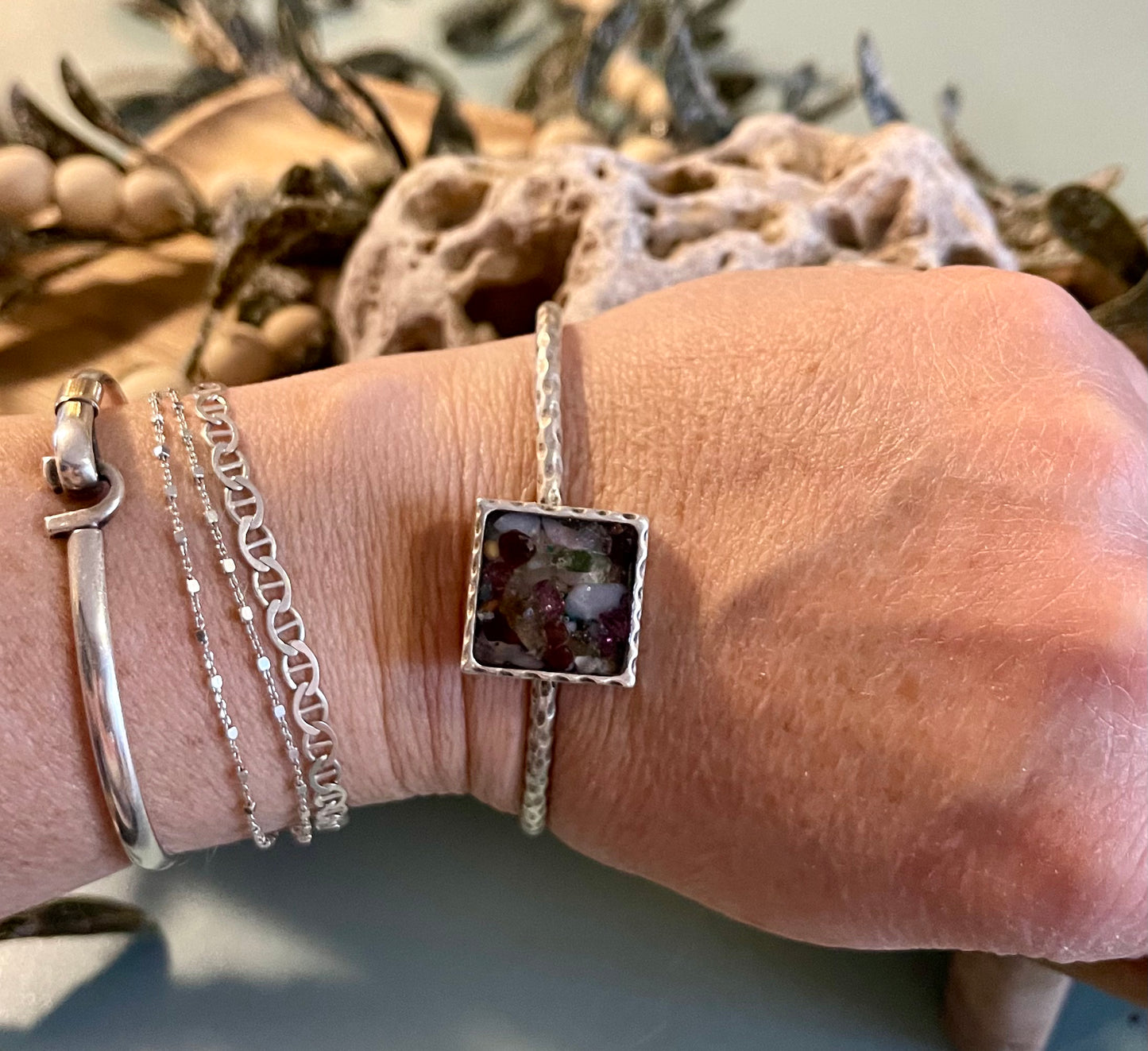 Moonstone and tourmaline adjustable bracelet with a mustard seed