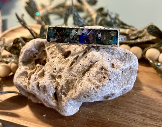 Lapis, turquoise and quartz adjustable bracelet with a mustard seed