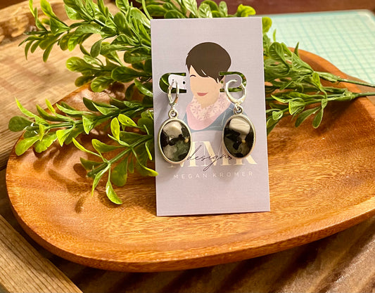 Howlite and black tourmaline earrings with a mustard seed