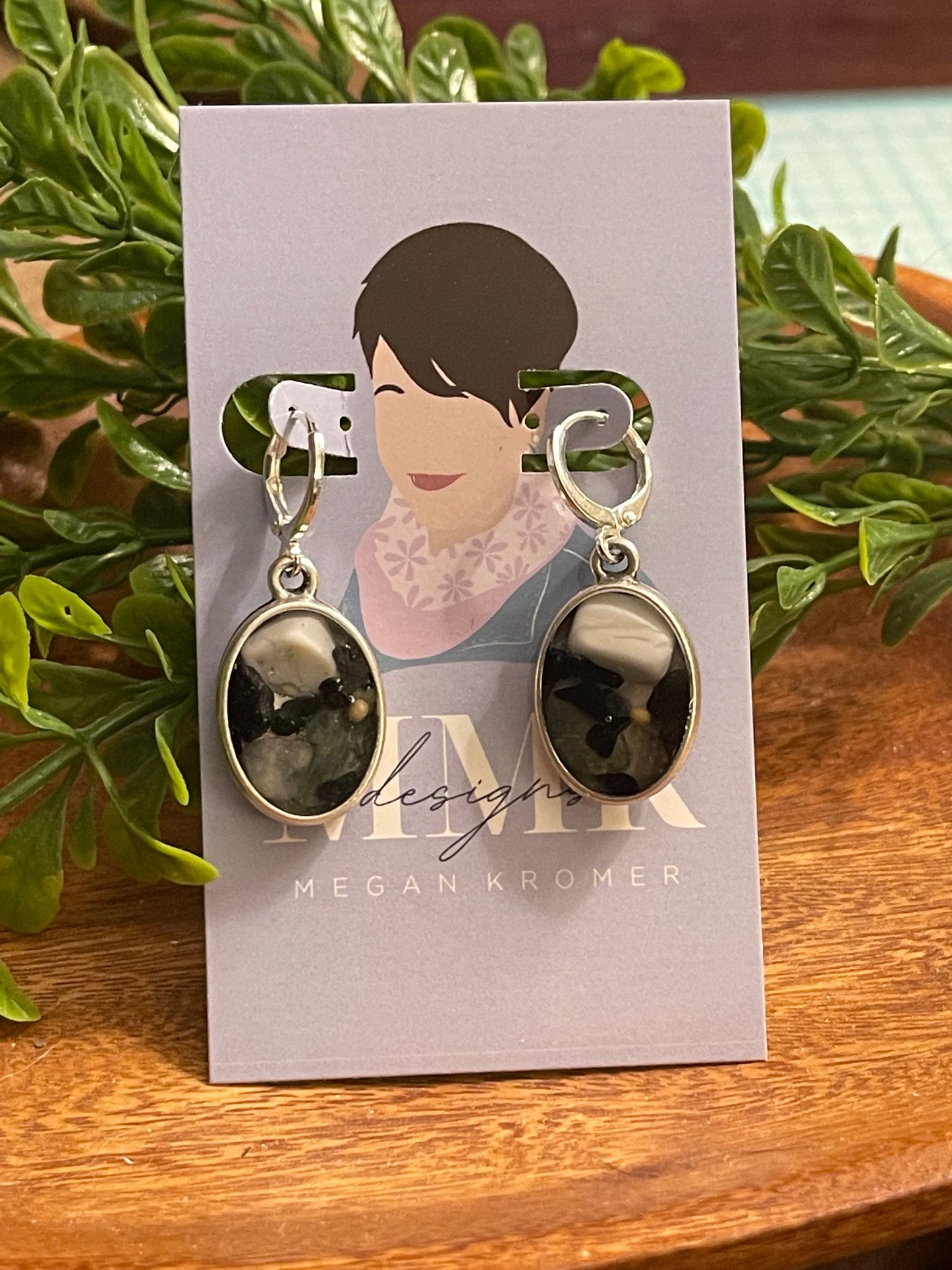 Howlite and black tourmaline earrings with a mustard seed