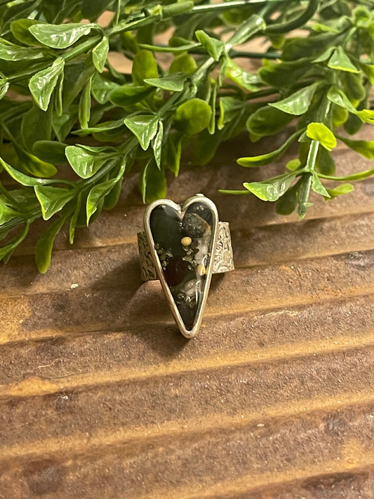 Pyrite and jade adjustable heart ring with a mustard seed