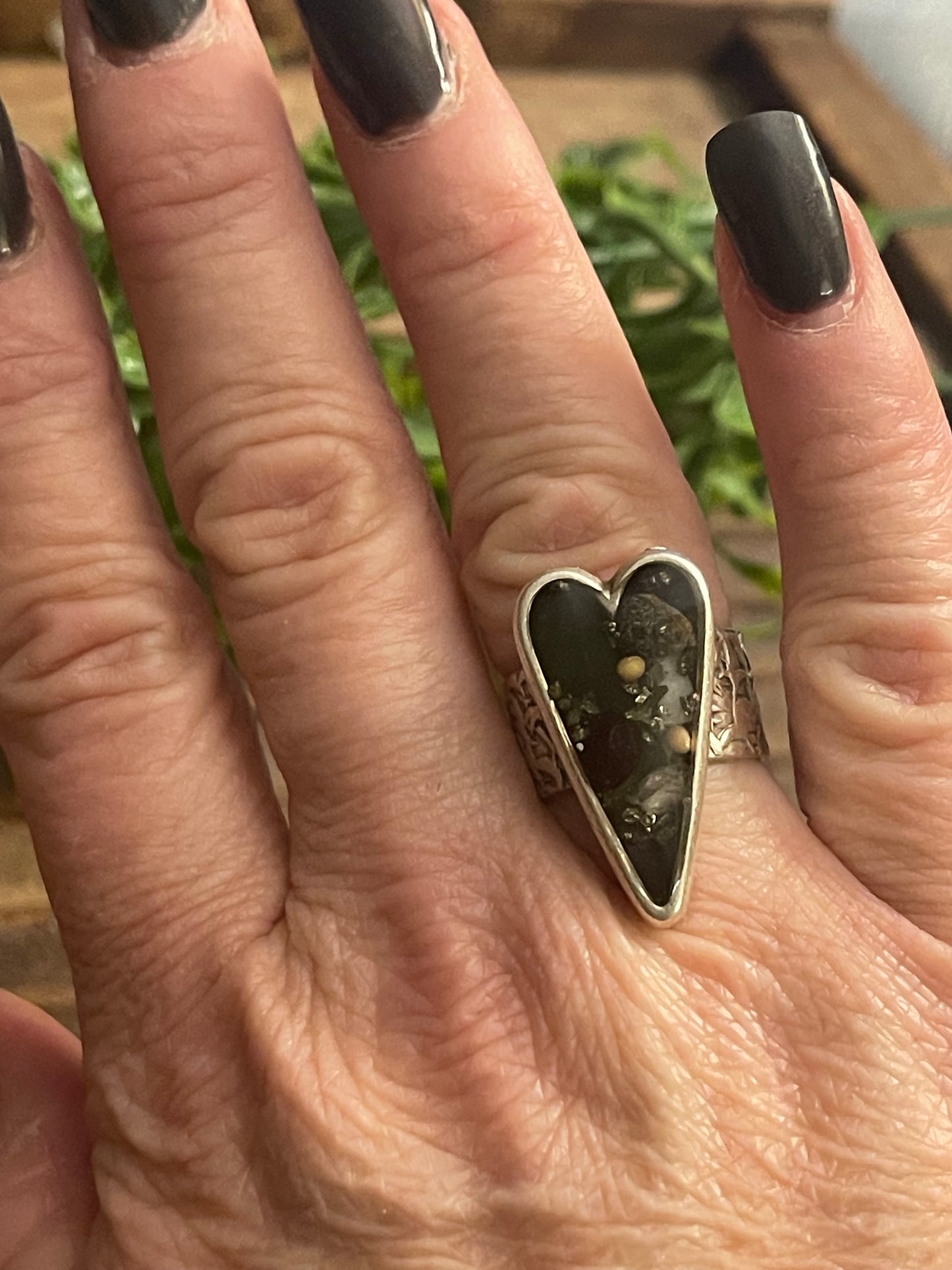 Pyrite and jade adjustable heart ring with a mustard seed