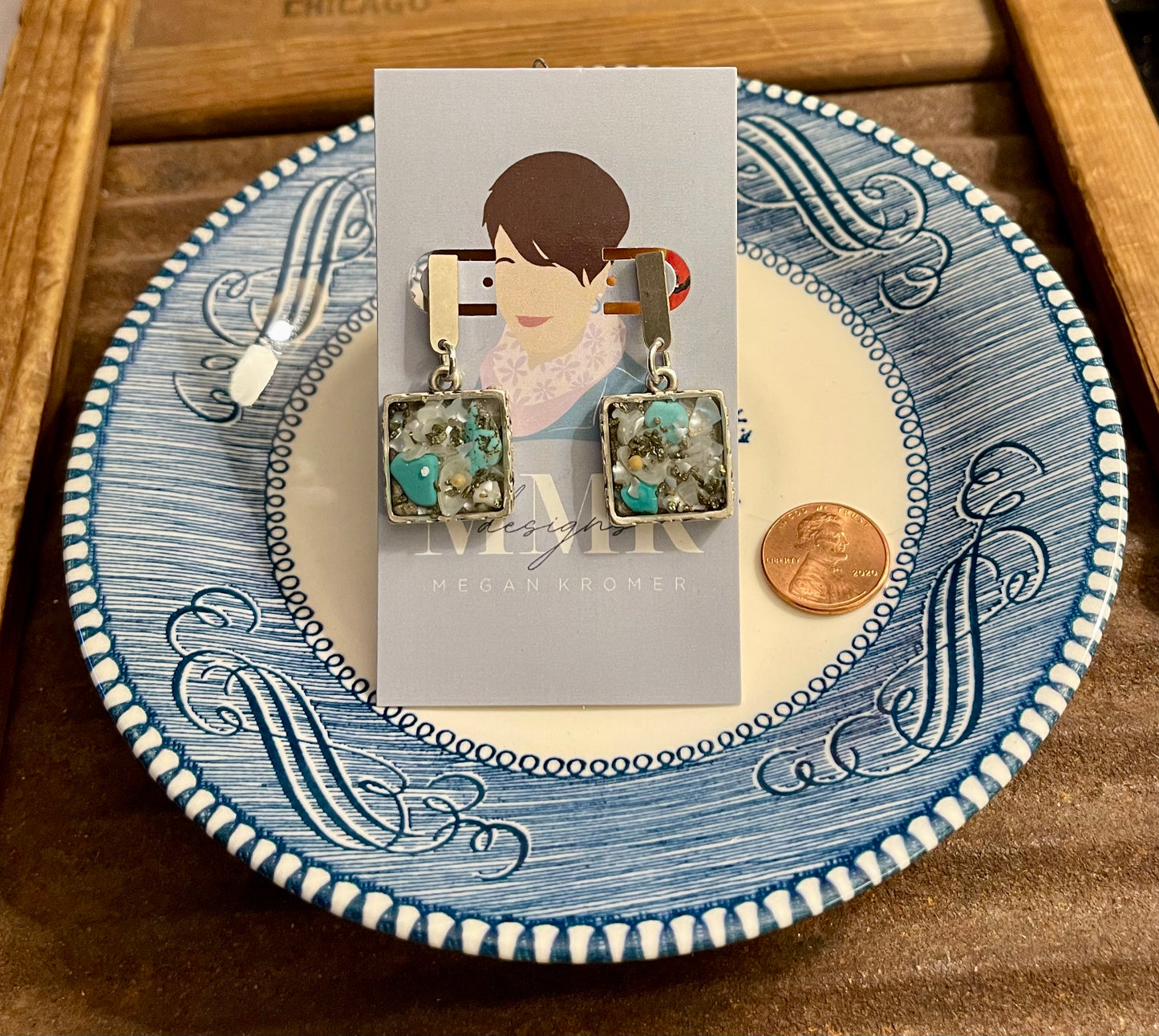 Crushed pearl and turquoise earrings with a mustard seed