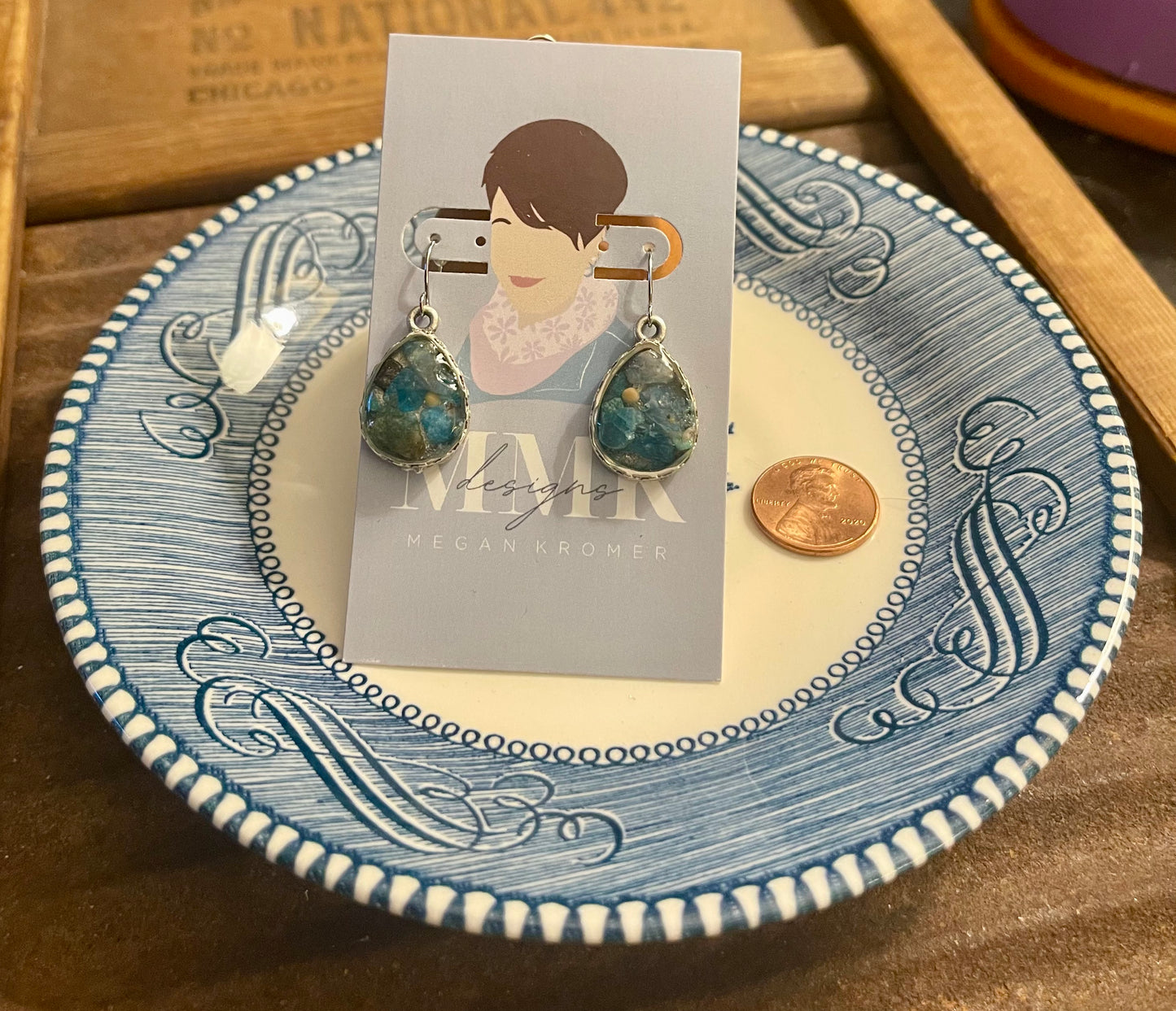 Apatite and Leland blue earrings with a mustard seed