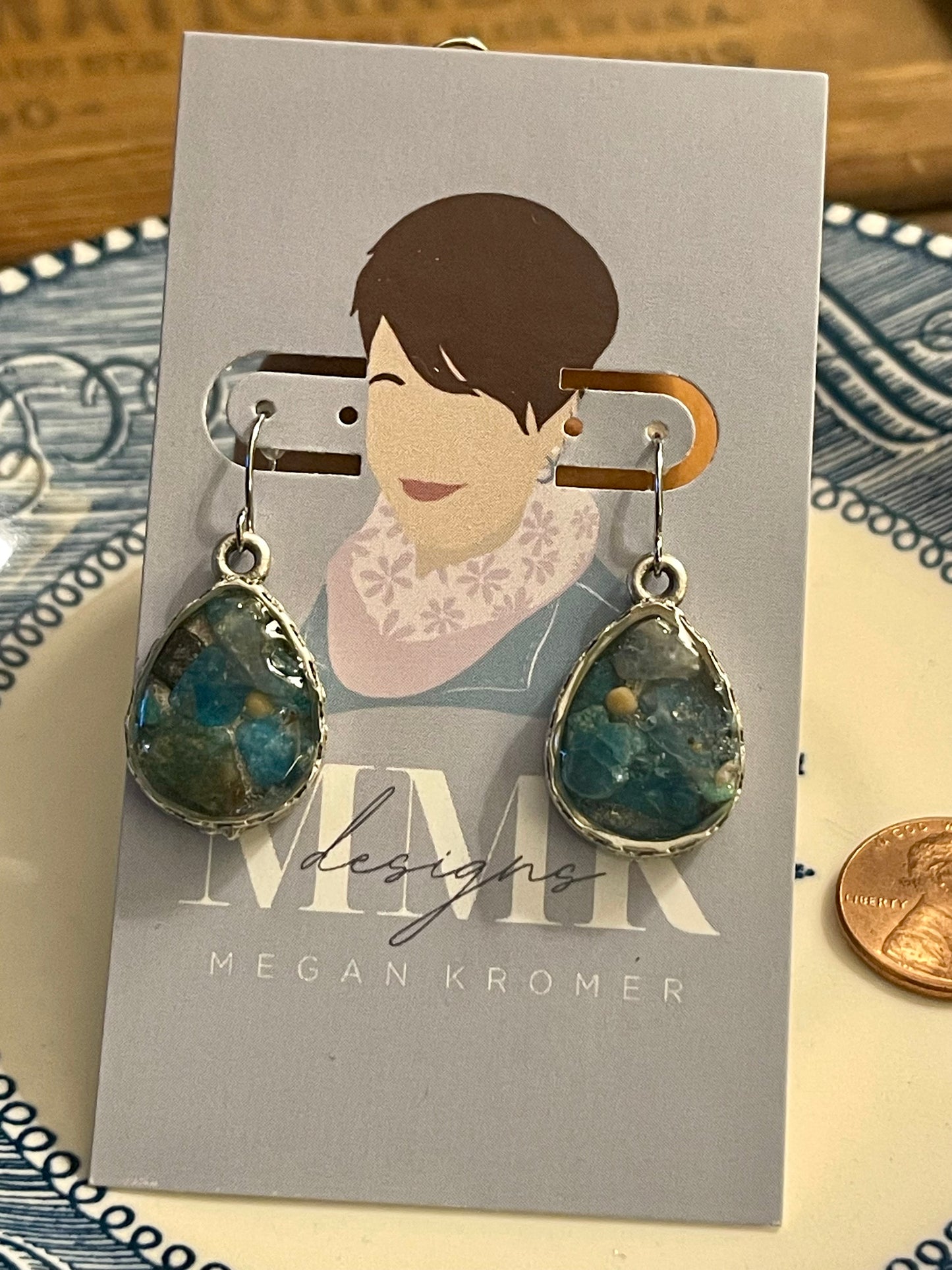 Apatite and Leland blue earrings with a mustard seed