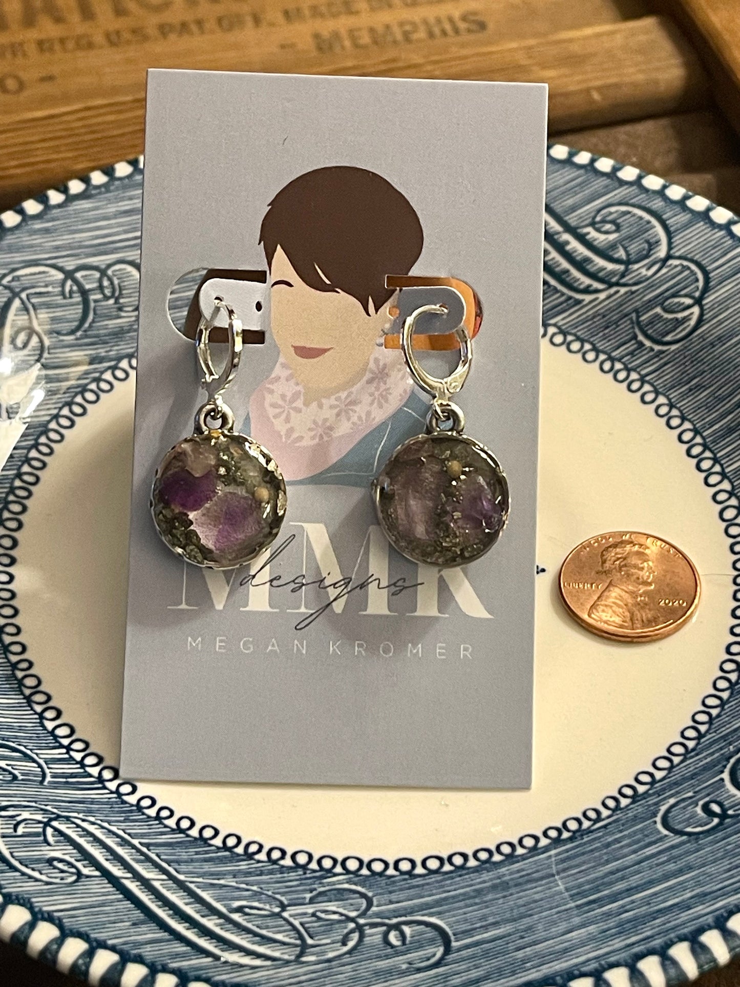 Amethyst and pyrite earrings with a mustard seed